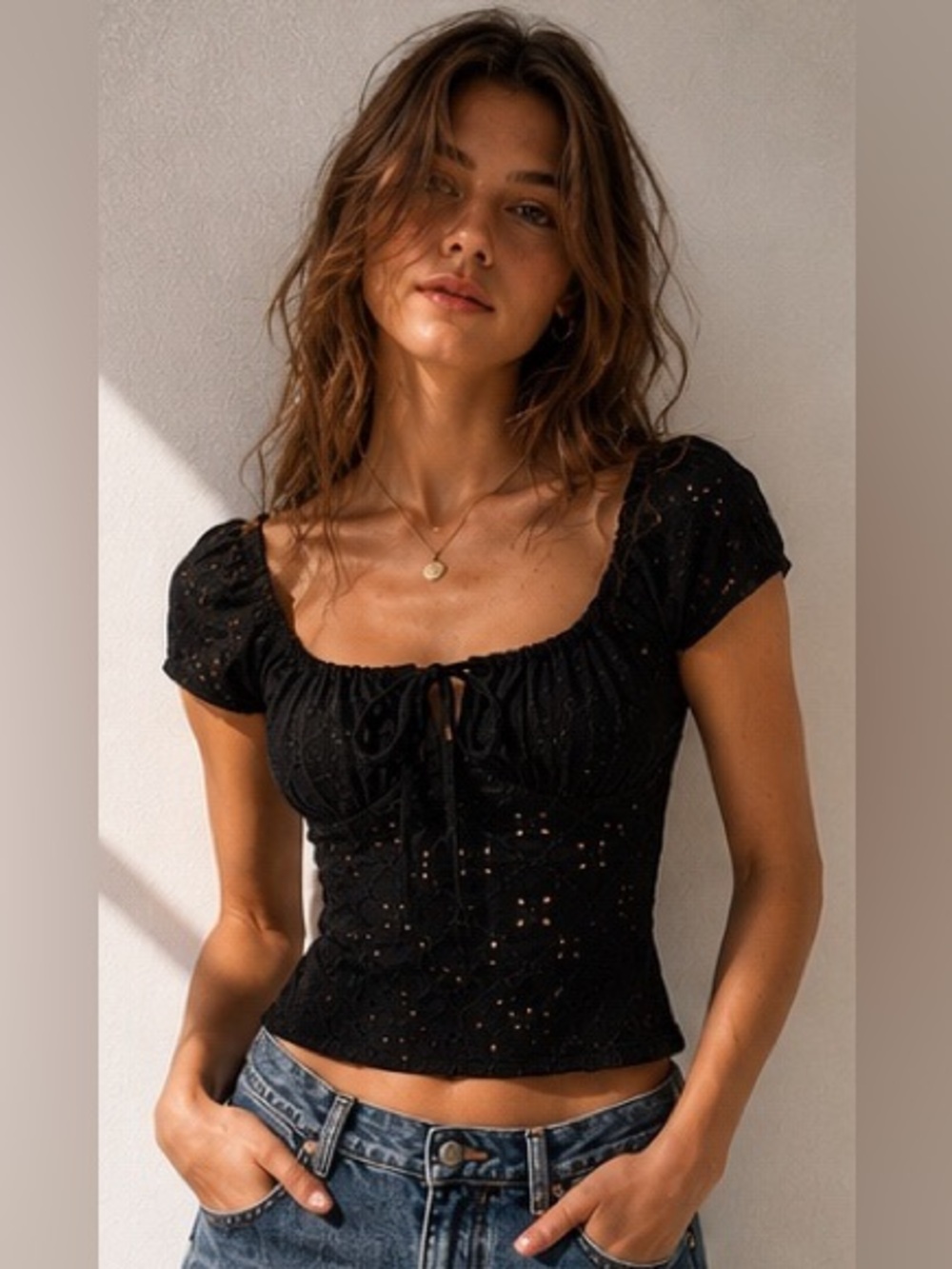 (XS) Olivia Rae Crop Top Black Eyelet Extra Small Squareneck Tie Front Shirt